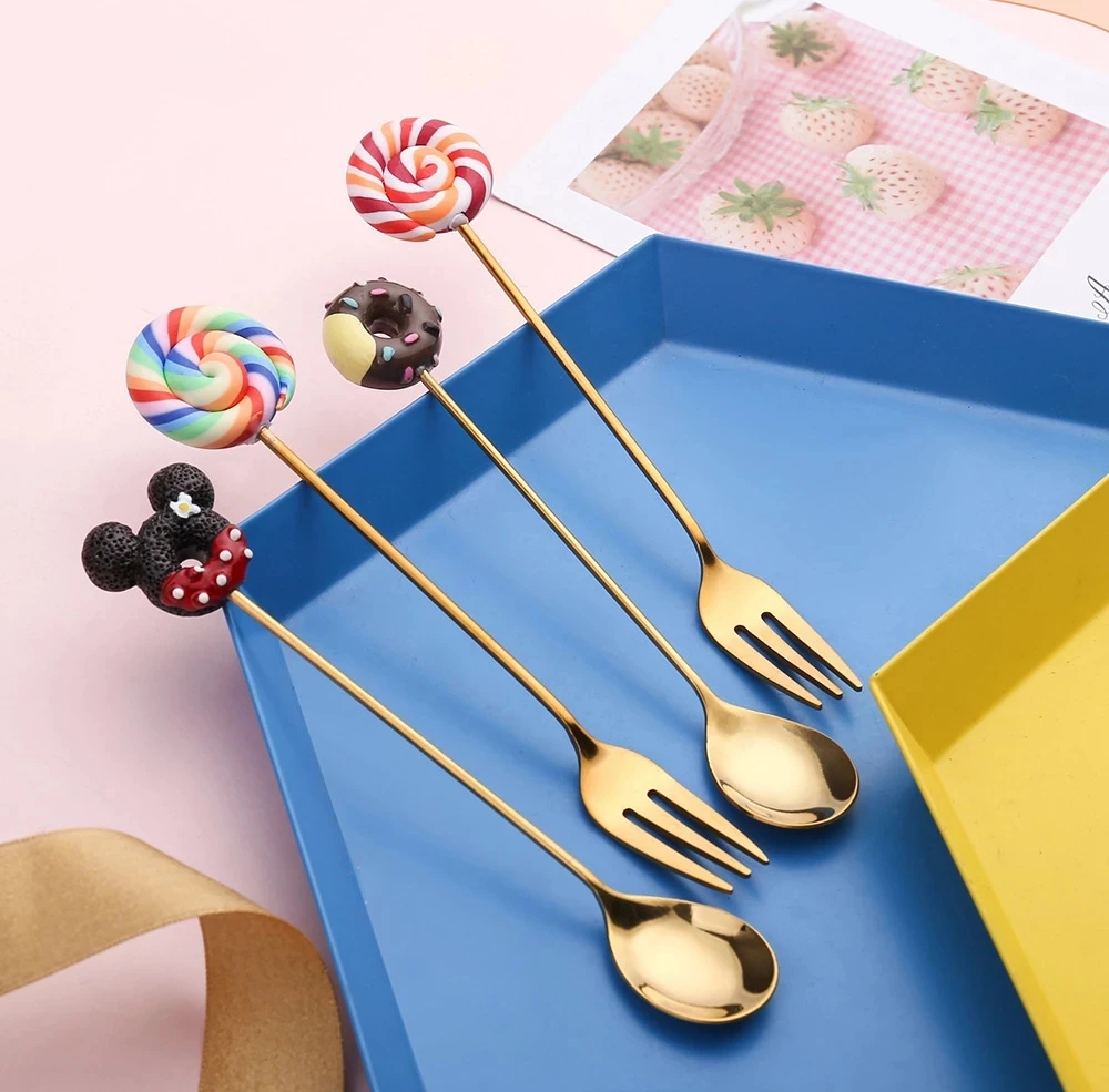 Cartoon Lollipop Doughnut Mickey Spoon Fork Stainless Steel Gold Tea Coffee Stirring Spoon Fruit Dessert Fork Teaspoon Tableware price in Pakistan