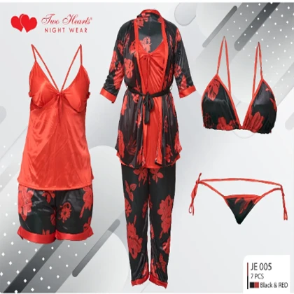 Two Hearts 7 Pieces Silk Nightwear & Lingerie For Girls & Women – Black & Red price in Pakistan
