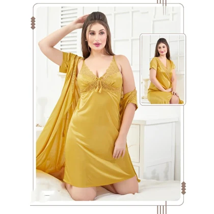Silky Nighty 2-pieces Bridal Nightwear Short Nighty & Gown For Girls & Women – yellow price in Pakistan