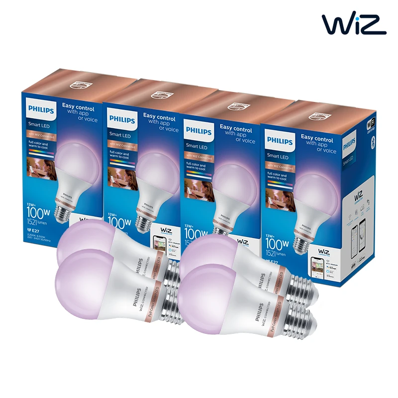 Philips Wiz WiFi Color Smart LED Bulb- 13W (Eq. 100W) E27- Pack of 4- 16 million colors- Voice control with Google Assistant, Alexa or Siri shortcuts price in Pakistan