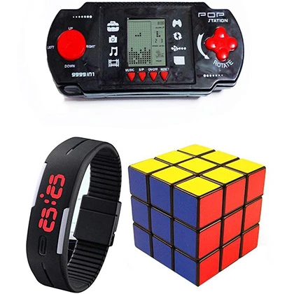 Combo – Hand Video Game & Cube & LED Bracelet Watch for Kids price in Pakistan