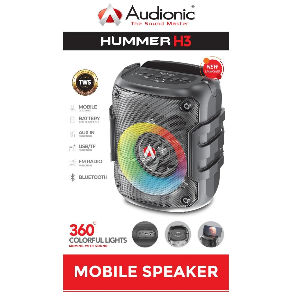 100% Original Audionic Hummer H3 Bluetooth Portable Speaker – 360° Rainbow Light – Light Weight – Mobile Dock – Extra Bass price in Pakistan