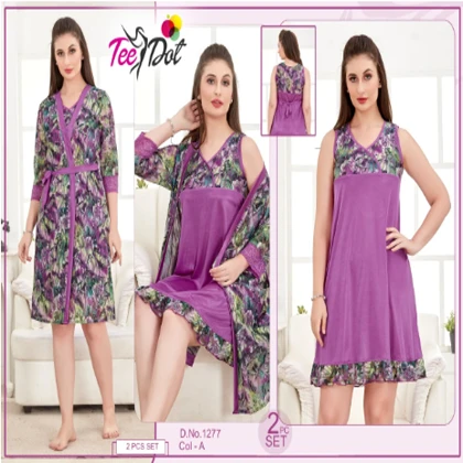 Tee Dot Silk 2-Pieces Printed Bridal Nightwear With Gown For Girls & Women – Purple price in Pakistan