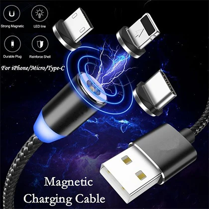Original Magnetic Fast Charging Cable – Micro USB Android – iPhone – Type C – Braided LED Fast Charging Cable – Black price in Pakistan