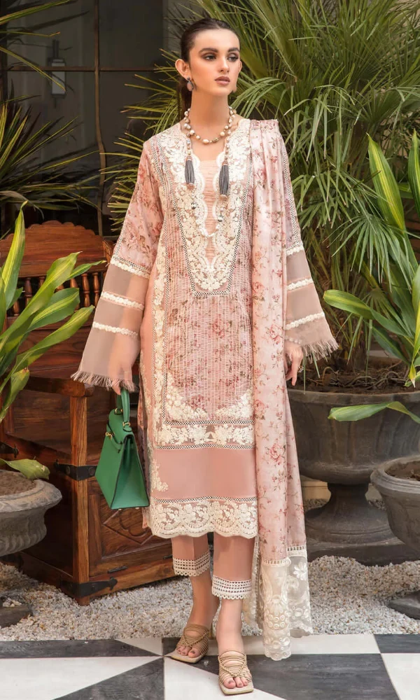 Maria.B – 3PC Lawn Printed Embroidered Shirt With Printed Silk Dupatta price in Pakistan