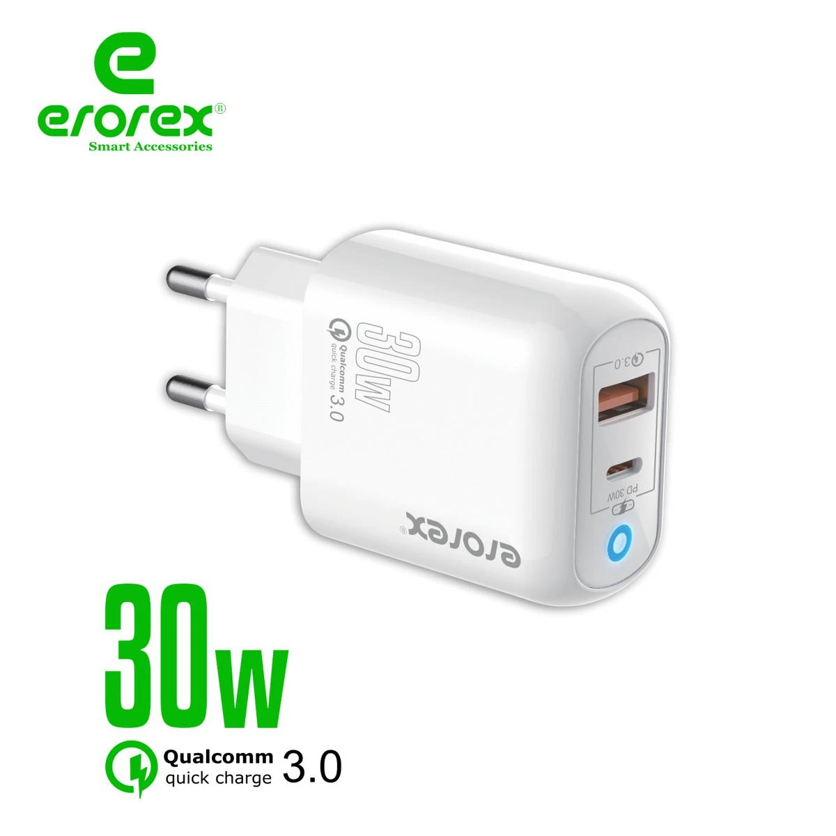 erorex (PD-C30) Fast Charger Quick & short circuit  over Temperature  Flexible for all your Needs, Compatible for iPhone price in Pakistan