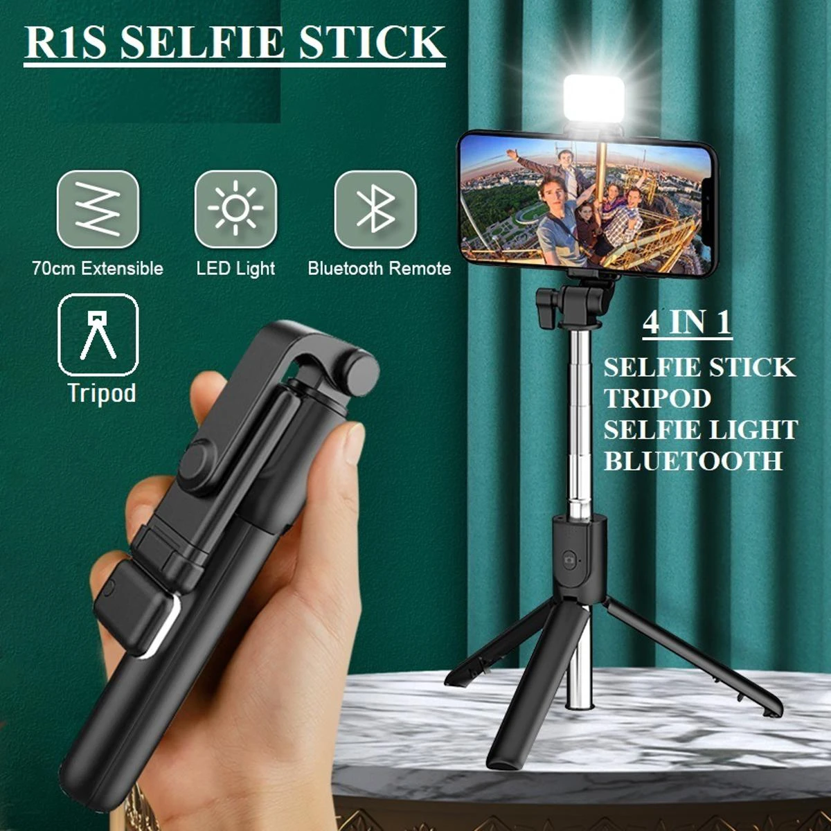 4 in 1 Wireless Selfie Stick Tripod Bluetooth Shutter selfie Light foldable Selfie stick for all Phone Extendable With charging Cable price in Pakistan