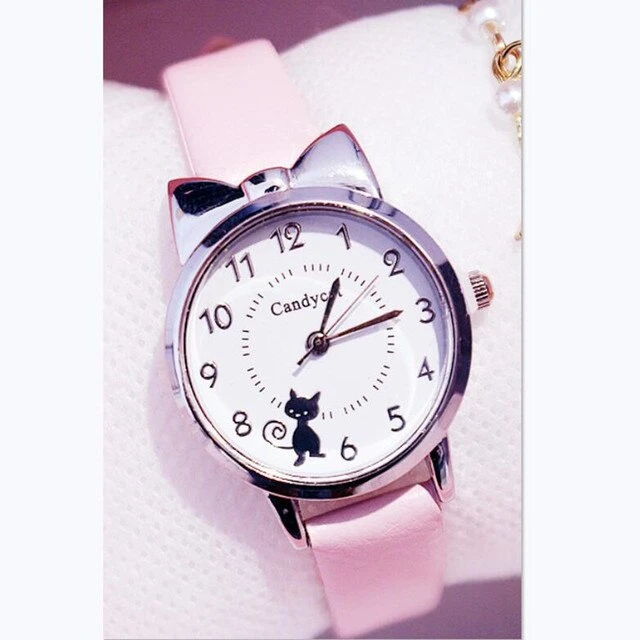 Fashion kids set watch pink leather strap student watch girl children digital black cat dial quartz watch girl gift clock reloj price in Pakistan
