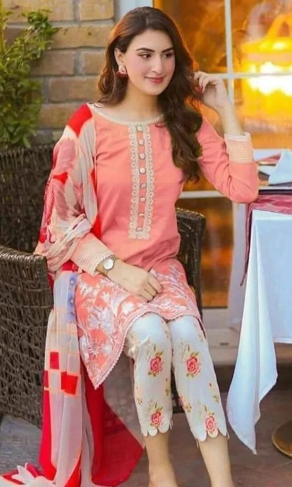 Sapphire – 3PC Shirt Neckline Embroidered Shirt With Printed Chiffon Dupatta price in Pakistan