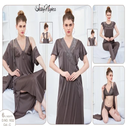 Silky Nights 6-Pieces Lace Work Bridal Nightwear With Side Knot For Girls & Women – Grey price in Pakistan