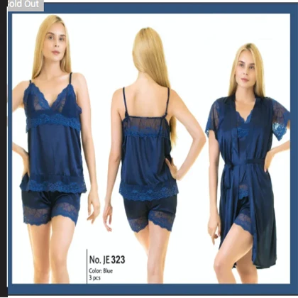 Two Hearts 3 Pieces Silk Nightwear & Lingerie Women & Girls – Blue price in Pakistan