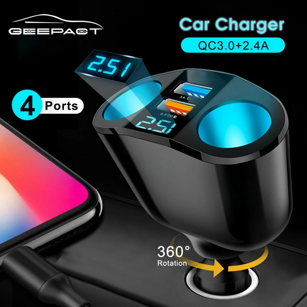 Geepact Car Charger Quick Charge3.0 2 USB Car Fast Charger Digital LED Voltage Detection Super Charge price in Pakistan