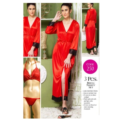 Tee Dot Viscose 3-Pieces Bridal Nightwear For Girls & Women – Red price in Pakistan