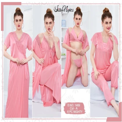 Silky Nights 6-Pieces Embroidery Bridal Nightwear With Side Knot For Girls & Women – Baby Pink price in Pakistan