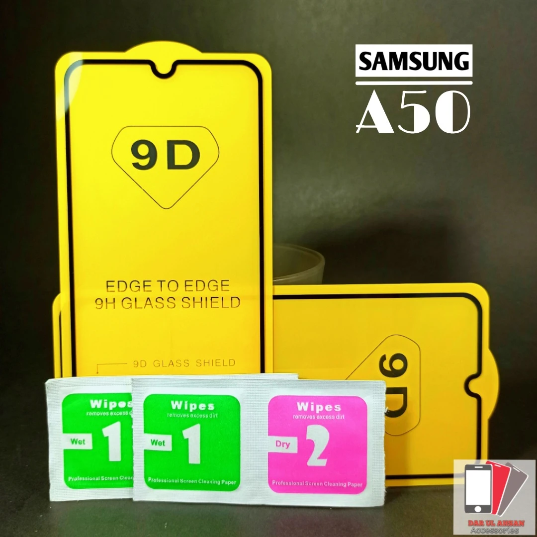 Pack of 2 – Samsung Galaxy A50 – Full Coverage 9D tempered Glass screen protector – with cleaning wipes price in Pakistan