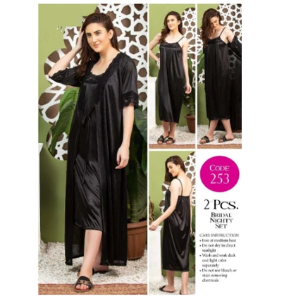 Tee Dot Viscose 2-Pieces Bridal Nightwear With Gown For Girls & Women – Black price in Pakistan