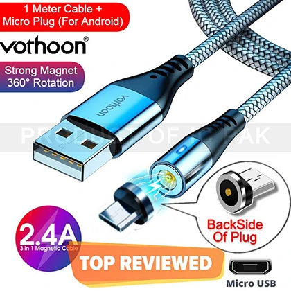 Vothoon 2.4A Magnetic Charging Cable – 1M Cable – 2 in 1 – Nylon Cable – LED Indicator – Android Cable – Micro USB – Type C – Magnetic Cable – 360 Degree Rotation price in Pakistan