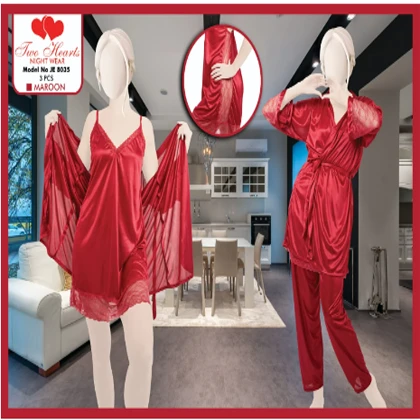 Two Hearts 3-Piece Silk Nightwear For Girls & Women – Maroon price in Pakistan