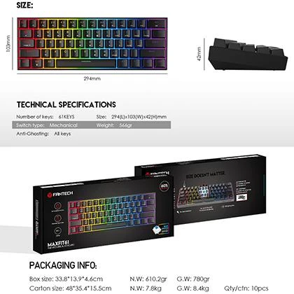 FANTECH MAXFIT61 MK857 60% RGB Mechanical Gaming Keyboard Full Keys Anti-Ghosting 16 RGB Modes Fully Customizable With Software Blue Switch – Black price in Pakistan