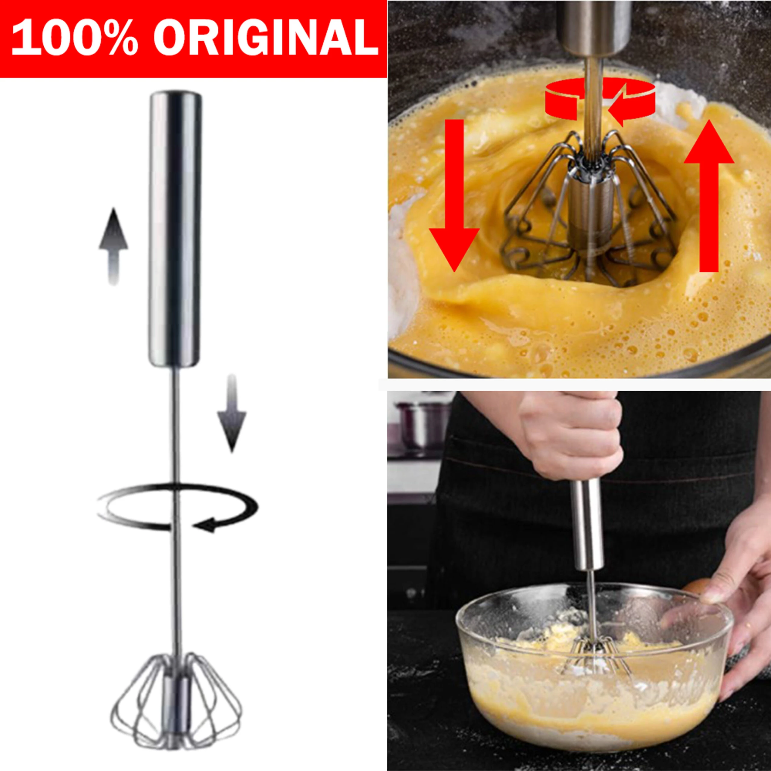 Stainless Steel Egg whisker Dishwasher safe Hand push egg whisker beater Effortless and efficient spin Fast blending and mixing 360 price in Pakistan