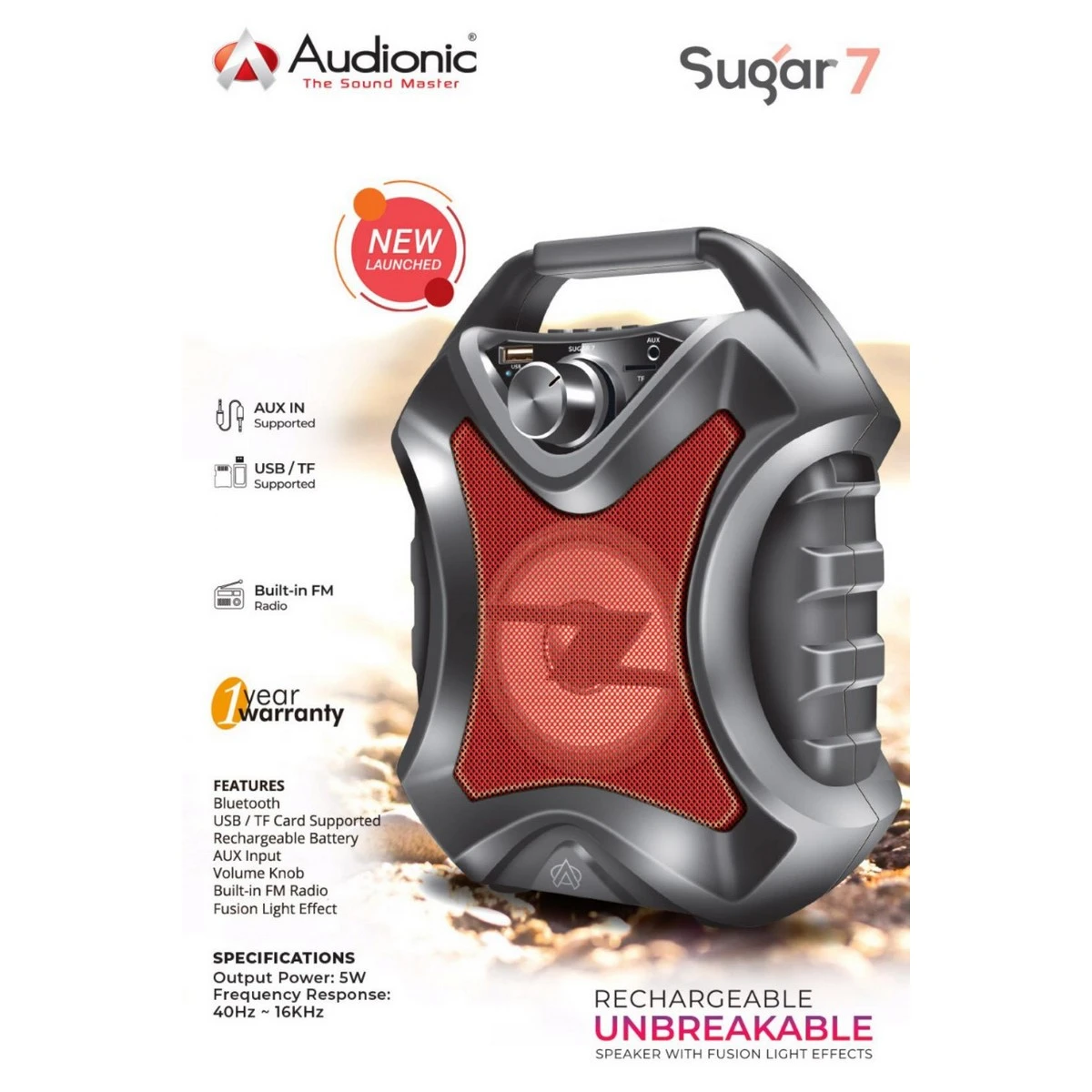 AUDIONIC SUGAR 7 LIGHTED WEIGHTED PORTABLE BLUETOOTH SPEAKER price in Pakistan