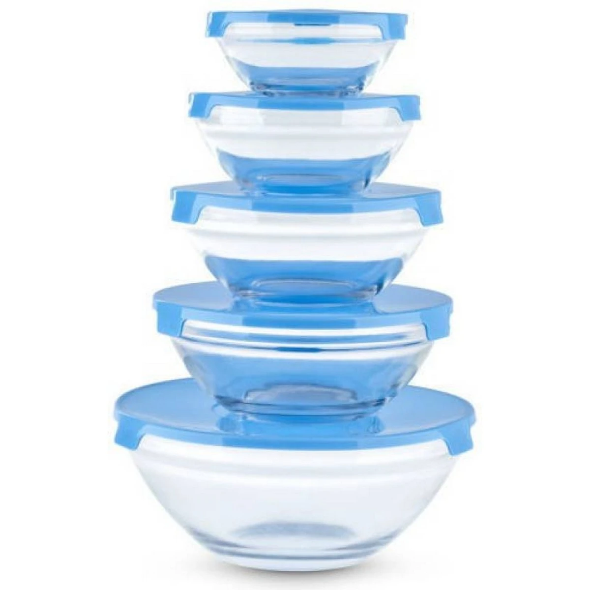 5 Piece Bowl Set Glass Container Gift Box Glass Box Storage Bowl set with Coloured Plastic Lid Daba Dhakan price in Pakistan