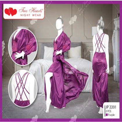 Two Hearts 2 Piece Silk Nightwear Inner + Gown For Girls & Women – Purple price in Pakistan