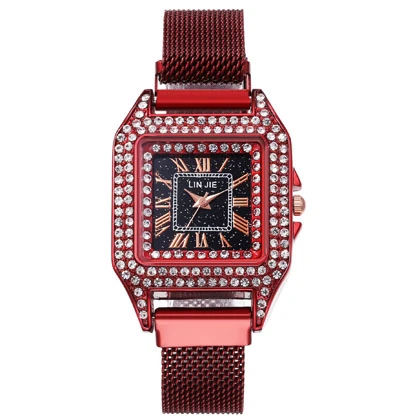 Fashion ladies Roman scale magnet clasp full diamond square case ladies watch quartz watch price in Pakistan