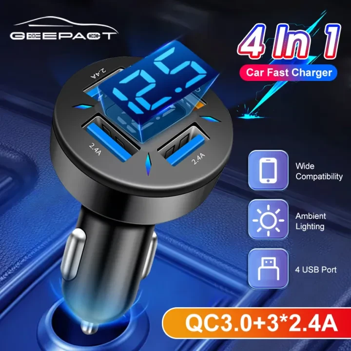 Geepact Car Charger Quick Charge3.0 Ci-garette Lighter Multifunctional Car Charger 4 USB Fast Charger Digital LED Voltage Detection price in Pakistan