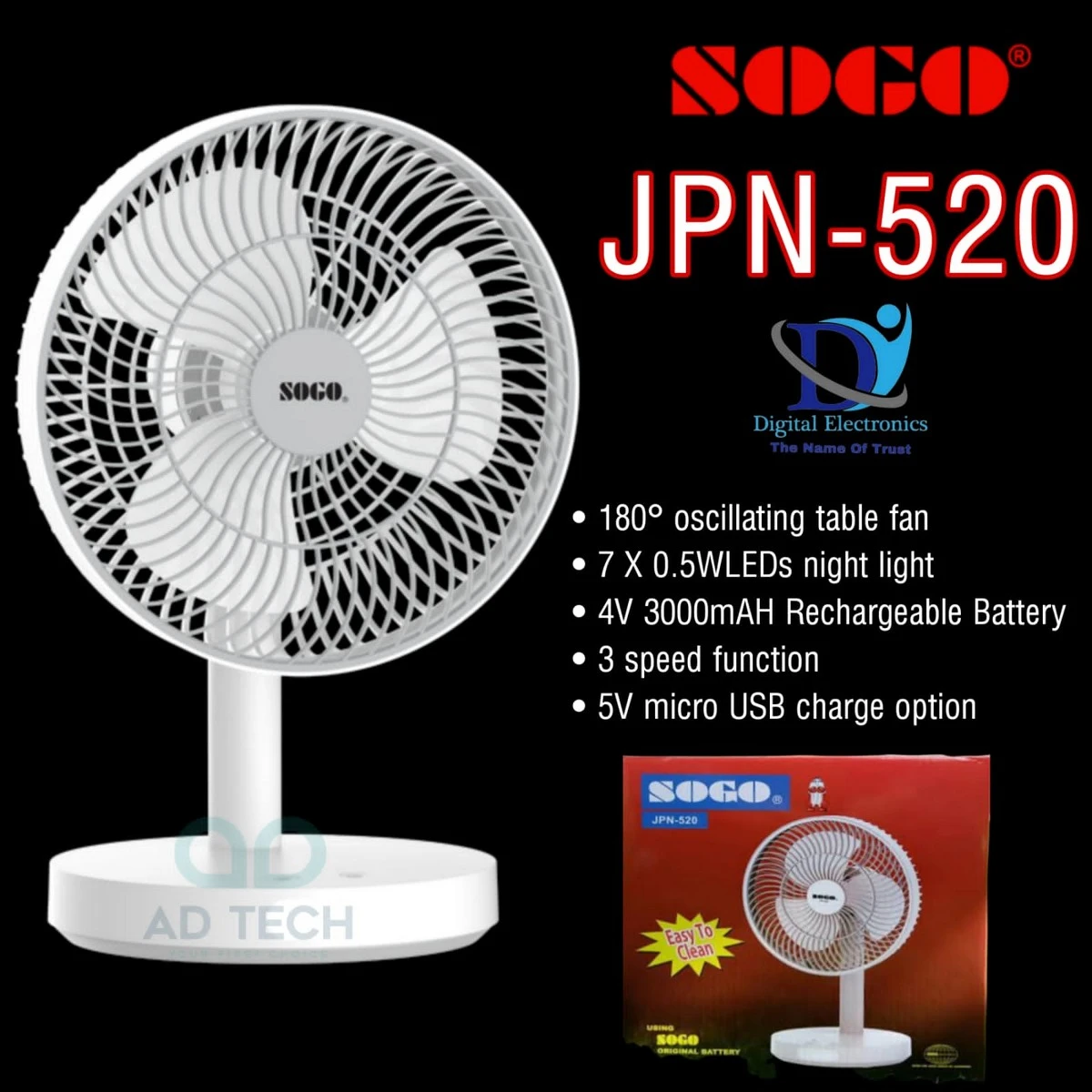 Sogo USB Rechargeable Mini Portable Table Fan (JPN-520) price in Pakistan