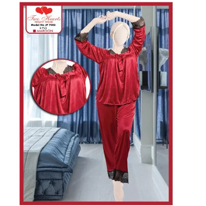 Two Hearts 2-Piece Silk Nightwear With Ribbon For Girls & Women – Black price in Pakistan