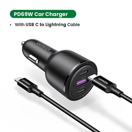 UGREEN 69W Car Charger USB Type C Dual Port PD QC Fast Charging For Laptop Translucent Car Phone Charger Compatible with iPhone 12,11, Samsung S20, S10, Huawei price in Pakistan