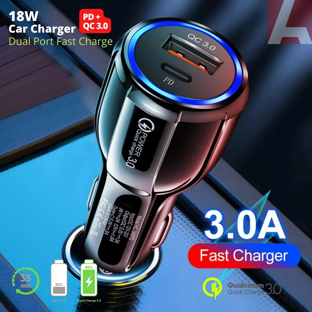 Fast Car Charger Dual Port QC 3.0 & 3A PD Type C Quick Car Charger price in Pakistan