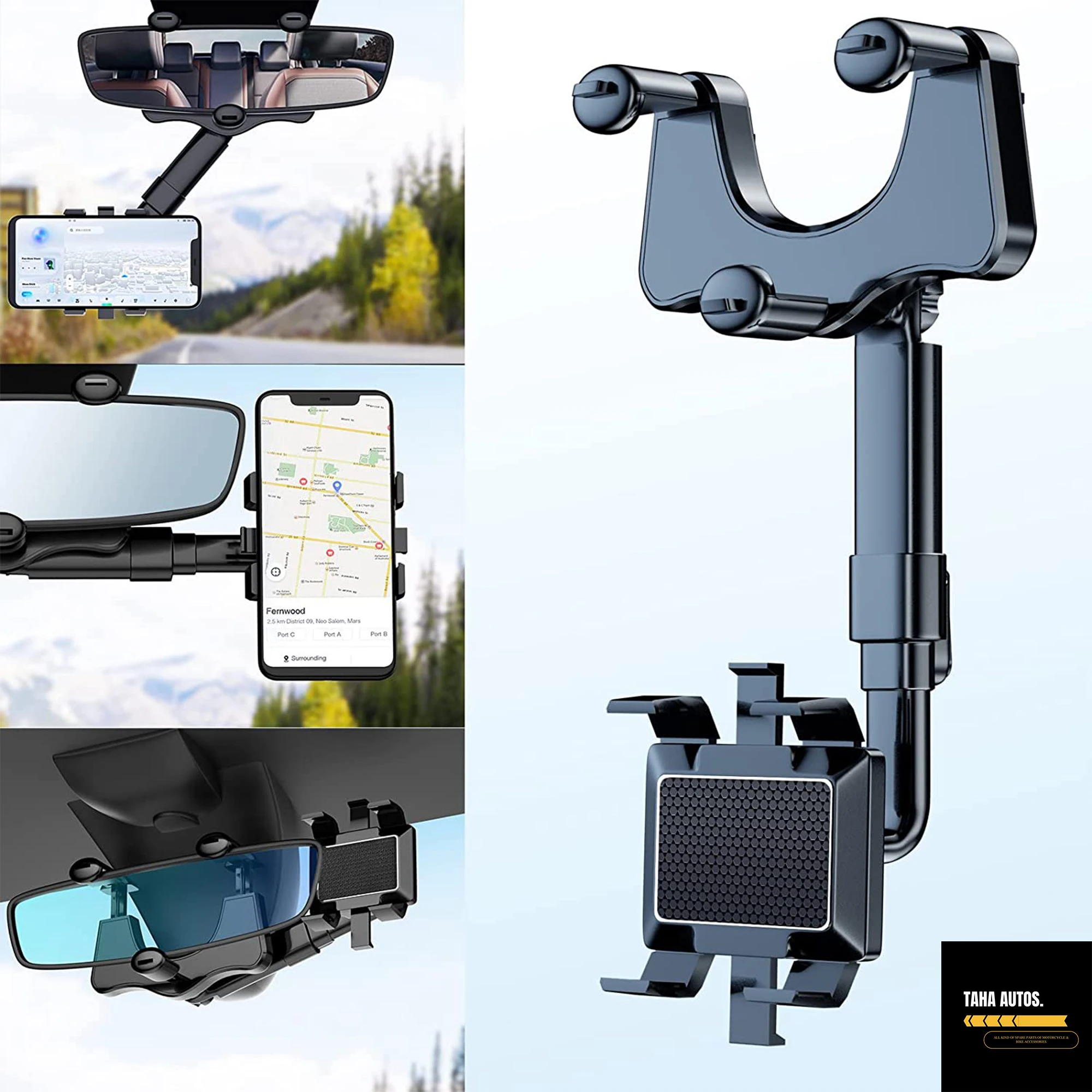 New 360° Rearview Mirror Phone Holder for Car Multifunctional Mount Phone and GPS, SELFIE price in Pakistan