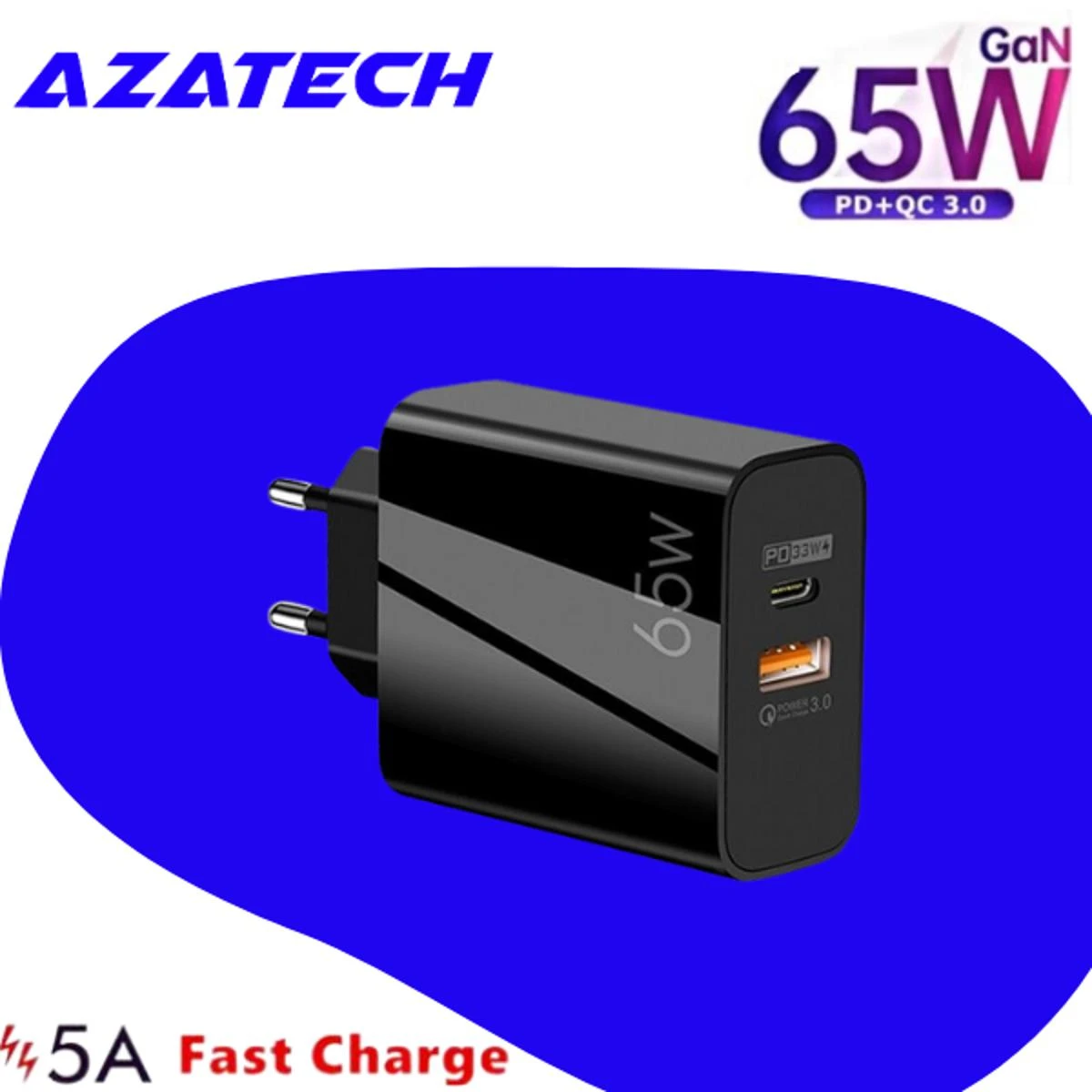 AzaTech Supercharge PD 65W GaN USB C Charger Type C 33W USB QC3.0 Fast USB Wall Charger Adapter price in Pakistan