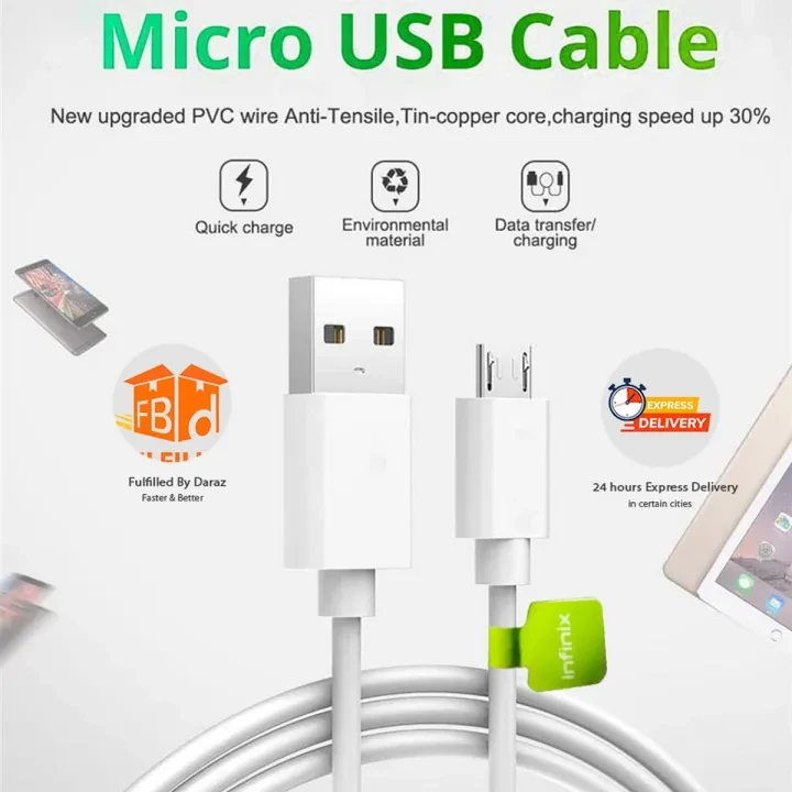 100% Original Infinix Micro High-Speed USB Cable – White – Imported High Quality Fast Charging Cable For Android Mobile Phones price in Pakistan