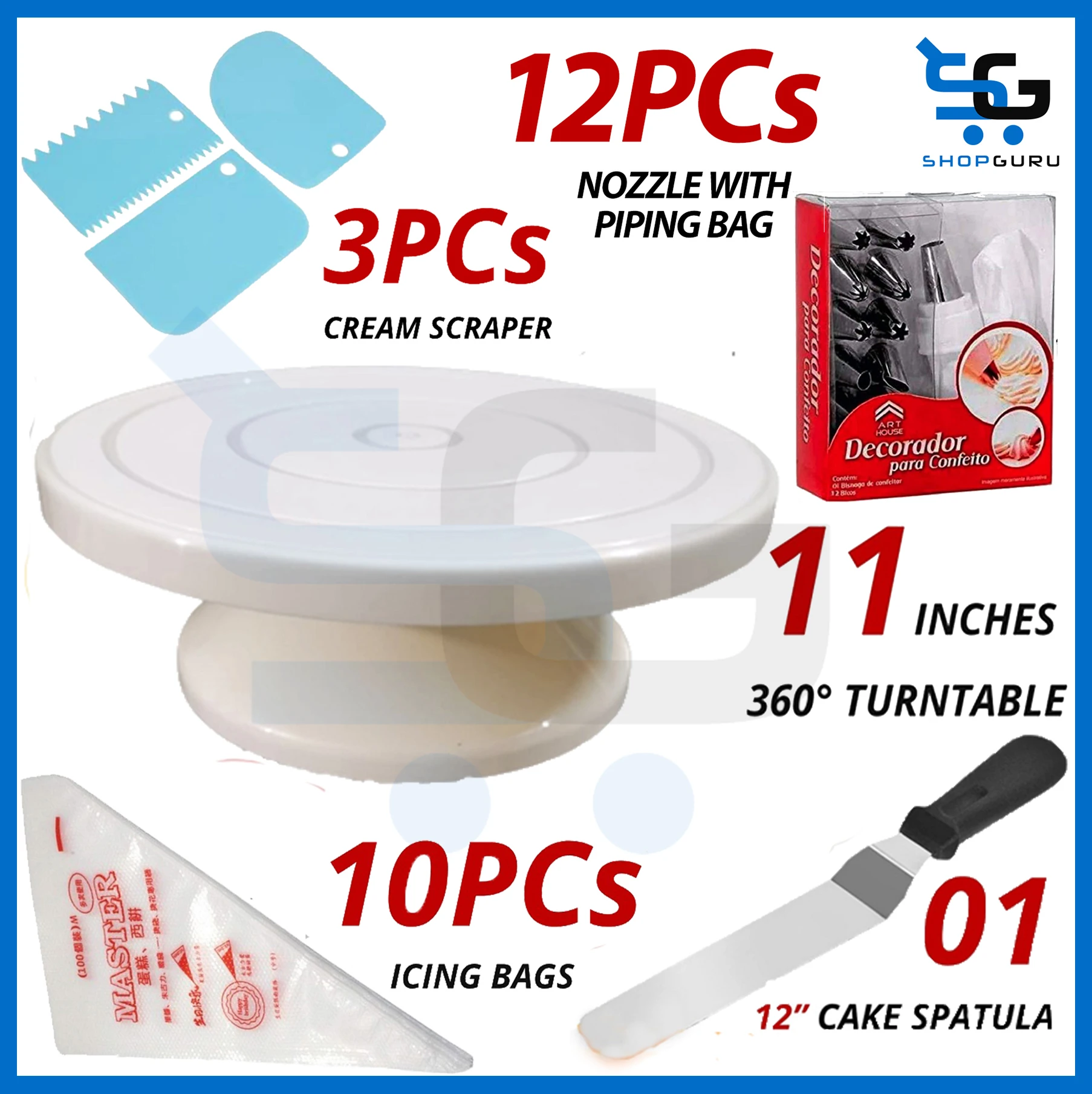 11 Inch Rotating Cake Turntable with 12inch Steel Spatula, 3 Cream Scraper, 10 icing piping bags, Decorating Turn Table for Cakee price in Pakistan