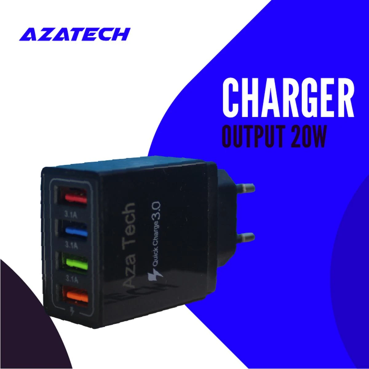 AzaTech QC 3.0 LED Charger 20W With 4 USB Port 3A – Black price in Pakistan