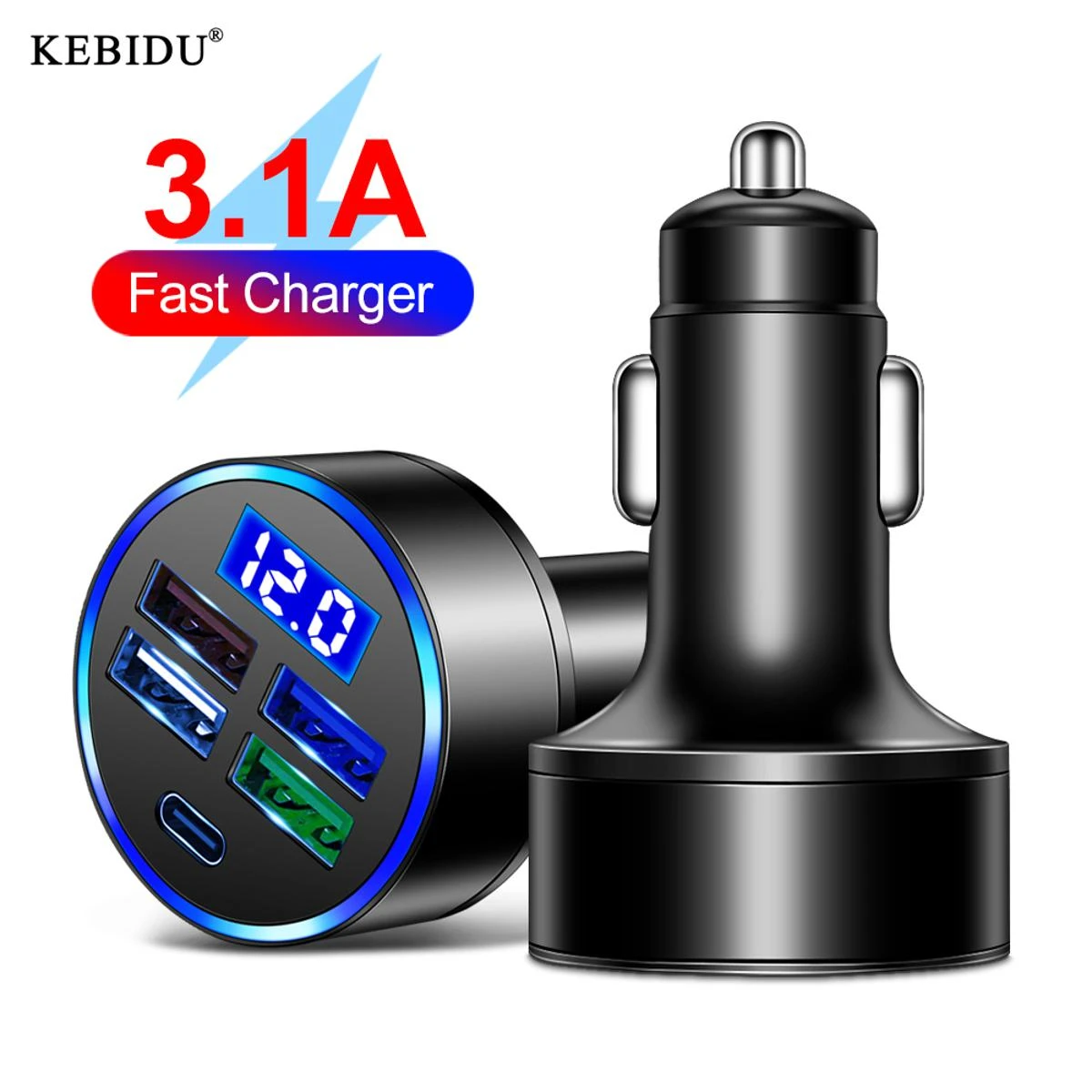 Kebidu 3.1A 4 USB PD Car Charger with LED Lamp Type C Mobile Phone USB Car Fast Charging Adapter price in Pakistan