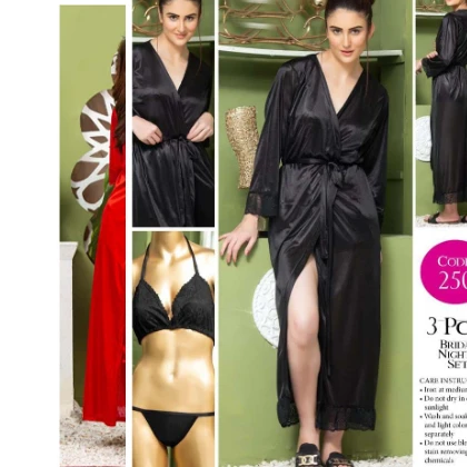 Tee Dot Viscose 3-Pieces Bridal Nightwear For Girls & Women – Black price in Pakistan