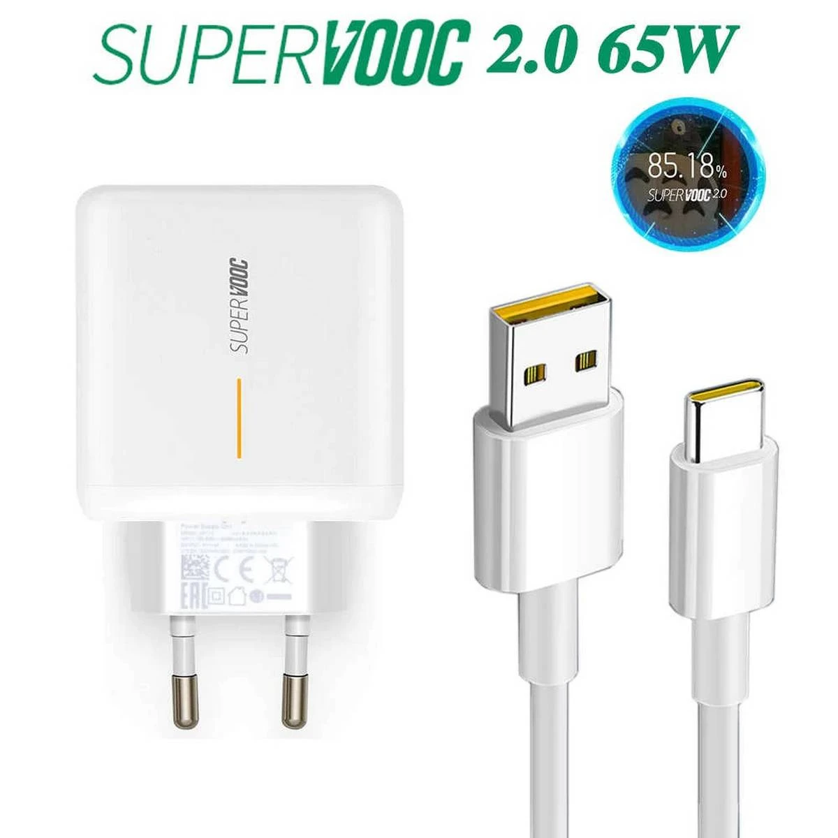 Original 65W Flash Super VOOC Charger Adapter & USB to Type C Fast Charging Cable Compatible for Oppo Realme price in Pakistan