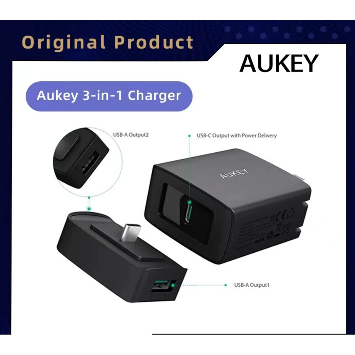 AUKEY PA-Y7 29w Quick Wall Charger With 3 Port Portable Mini Adapter Usb Type C Fast Charging Head price in Pakistan