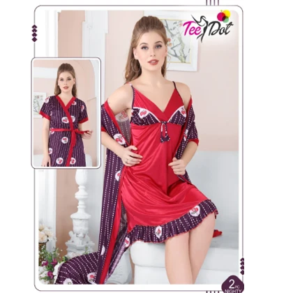 Tee Dot Silk 2-Pieces Printed Bridal Nightwear With Gown For Girls & Women – Purple price in Pakistan