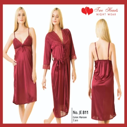 Two Hearts 2 Piece Silk Nightwear For Girls & Women – Maroon price in Pakistan