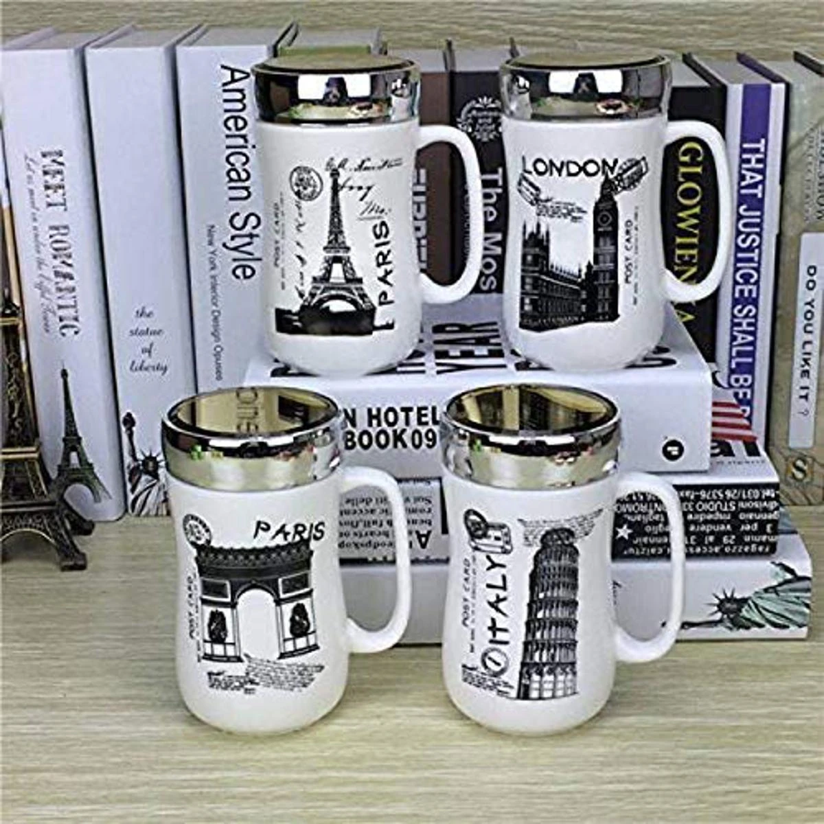 Fancy Cute White Travel Flower Eiffel Tower Printed Ceramic Coffee Milk Tea Mugs Cup with Mirror Lid For Boys Girls with Handle – 450 ML price in Pakistan