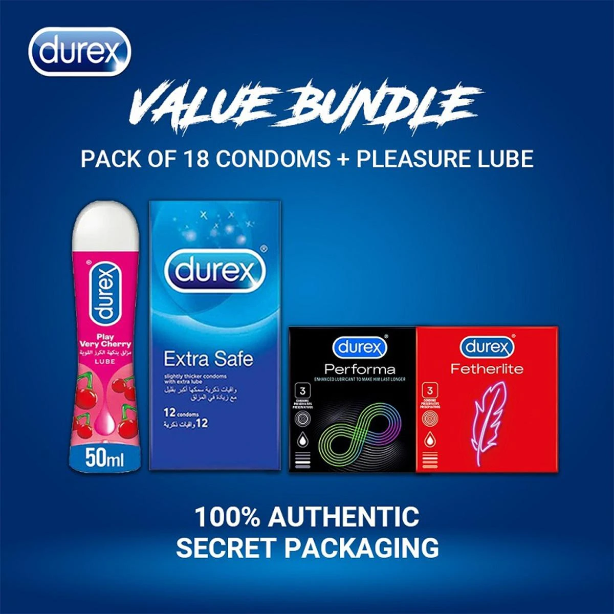 Pack of 4 – Durex Lube Cherry 50ml Gel, Extra Safe 12s, Performa 3s and Fetherlite 3s Condoms price in Pakistan
