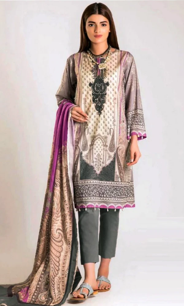 Khaadi- 3PC Lawn Embroidered Printed Shirt with Printed Chiffon Dupatta price in Pakistan