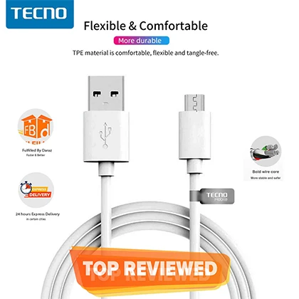 Tecno Original USB Cable – Techno Mobile Charging USB To Micro USB Cable – Android Phones Charging Cable & Data Transfer Cable – White Color, High-Quality Charging Cable price in Pakistan