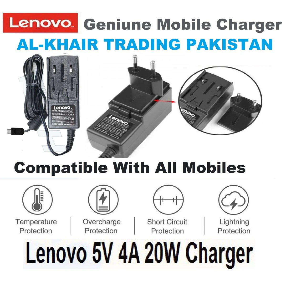 5V 4Amp 20Watt -infinix-Tecno-Real me Micro Usb Charger Original Lenovo Lot charger (Branded) price in Pakistan