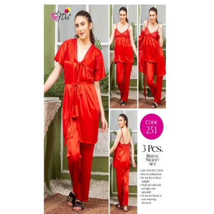 Tee Dot Viscose 3-Pieces Bridal Nightwear For Girls & Women – Red price in Pakistan